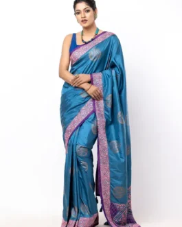 Mystic Blue Appliqued And Embroidered Silk Saree